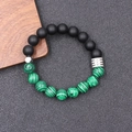 Tiger eye and black onyx beaded stretch bracelet with minimalist silver metal accents - Turquoise Tiger Eye (BNS-0377)