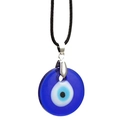Collar con colgante de ojo turco azul de vidrio con clip plateado y cordón negro - Estilo Redondo / 35mm / Azul