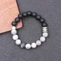 Men's elastic bracelet with matte black obsidian and white turquoise stone beads - Map Stone Matte (BNS-0377)
