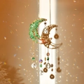Golden crescent moon sun catcher with green stone tree of life and crystal ball prisms - Green Aventurine