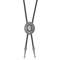 Detail of western bolo tie featuring sunflower slide and engraved metal tips on black leather - Simple Petal Style