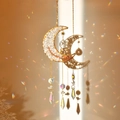 Golden moon sun catcher with white crystal stones and hanging prism crystals - Synthetic Clear Quartz