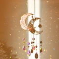 Pink crystal moon dream catcher suncatcher with sun charms and rainbow crystal drops - Rose Quartz