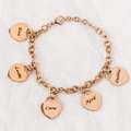 Rose gold stainless steel bracelet featuring five customizable engraved heart charms - With 1 Engraved Heart / Rose Gold