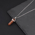 Hexagonal crystal pillar pendant necklace with silver chain on dark stone background - Brown Natural Stone Style (NS-0072) / Brown