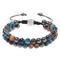 Double-layer braided bracelet with blue tiger eye, hematite beads and tree of life charm - Double Layer Braided Bracelet (Tree of Life) / 10mm / Blue & Yellow Tiger Eye + Gray Magnetite