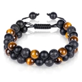 Triple bead bracelet with tiger eye and lava stone on adjustable black woven rope - Double Layer Woven Bracelet / 8mm / Yellow Tiger Eye + Lava Rock
