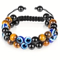 Adjustable double layer bracelet with Tiger Eye, Obsidian, and blue Evil Eye charm - Double Layer Woven Bracelet / 8mm / Yellow Tiger Eye + Evil Eye