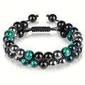 Triple protection bracelet with green tiger eye, obsidian and hematite beads - Double Layer Woven Bracelet / 8mm / Green Tiger Eye