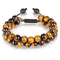 Double-layer Tiger Eye bead bracelet with brown braided adjustable cord and matte beads - Double Layer Woven Bracelet / 8mm / Full Yellow Tiger Eye