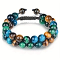 Double-layered multicolor tiger eye stone bead bracelet with adjustable black braided rope - Double Layer Woven Bracelet / 8mm / 3-Color Tiger Eye