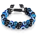 Double-layer braided bracelet with blue tiger eye, black agate beads and evil eye charm - Double Layer Woven Bracelet / 8mm / Blue Tiger Eye + Evil Eye