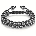 Double-layer hematite beaded bracelet with adjustable black braided cord for men and women - Double Layer Woven Bracelet / 8mm / Dark Gray (Hematite/Magnetic Stone)