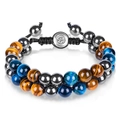 Adjustable double-layer tiger eye and obsidian bead bracelet with silver Om charm - Double Layer Braided Bracelet (Round Clasp) / 8mm / Blue Yellow Tiger's Eye