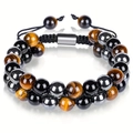 Double layer handmade bracelet with 8mm tiger eye, obsidian and hematite beads - Double Layer Braided Bracelet (Long Clasp) / 8mm / Yellow Tiger Eye