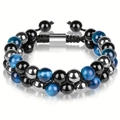 Triple protection bracelet with blue tiger eye, obsidian, and hematite beads - Double Layer Braided Bracelet (Long Clasp) / 8mm / Blue Tiger Eye Stone
