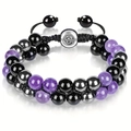 Double-layered beaded bracelet with obsidian, hematite, and Om engraved silver bead - Double Layer Braided Bracelet (Round Clasp) / 8mm / Purple (Amethyst)