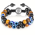 Double-layer braided bracelet with tiger eye beads and silver Om symbol disc - Double Layer Braided Bracelet (Round Clasp) / 8mm / Yellow Tiger Eye + Evil Eye