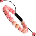 Verstelbare geweven armband met natuurlijke roze rhodoniet kralen en zwart koord - Rode Houtnerfsteen