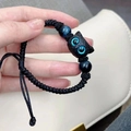 Handmade woven cat charm bracelet with glowing blue eyes and cat eye stone beads - Blue-Eyed Cat (BN-0203)