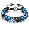 Double-layered beaded bracelet with blue tiger eye, obsidian and evil eye charms - Double Layer Braided Bracelet (Round Clasp) / 8mm / Blue Tiger Eye + Evil Eye