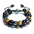 Triple protection bracelet with tiger eye, obsidian, and hematite beads on adjustable cord - Double Layer Braided Bracelet (Round Clasp) / 10mm / Yellow Tiger Eye