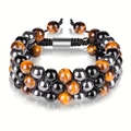 Triple layer beaded bracelet with tiger eye, obsidian and hematite on black cord - Triple Layer Braided Bracelet (Long Clasp) / 8mm / Yellow Tiger Eye