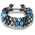Triple bead bracelet with blue tiger eye, hematite, and black beads on woven rope - Triple Layer Braided Bracelet (Long Clasp) / 8mm / Blue Tiger Eye Stone