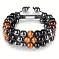 Triple layer adjustable bracelet with 8mm tiger eye, obsidian, and hematite beads - Triple Layer Braided Bracelet (Rhombus Long Clasp) / 8mm / Yellow Tiger Eye