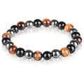 Triple protection bracelet with 8-10mm tiger eye, obsidian, and hematite beads - Elastic Beaded Bracelet / 8mm / Yellow Tiger Eye