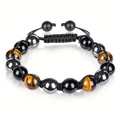 Triple protection bracelet with tiger eye, obsidian, and hematite beads on black cord - Single Layer Braided Bracelet / 10mm / Yellow Tiger Eye