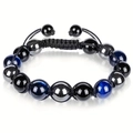 Triple protection bracelet with blue tiger eye hematite and obsidian beads 8mm to 10mm - Braided Bracelet / 10mm / Blue (Lapis) Tiger Eye