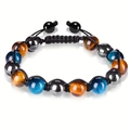 Adjustable braided bracelet with multi-color tiger eye and hematite natural beads - Braided Bracelet / 10mm / Blue Yellow Tiger's Eye
