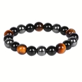 Triple protection bracelet with 8-10mm tiger eye, obsidian, and hematite beads - Elastic Beaded Bracelet / 10mm / Yellow Tiger Eye