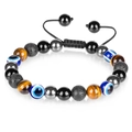 Triple bead bracelet with tiger eye, obsidian, and blue evil eye on adjustable black cord - Single Layer Braided Bracelet / 8mm / Yellow Tiger Eye + Lava Stone + Evil Eye