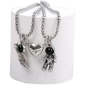 Astronaut magnetic couple necklace set in antique silver with stainless steel chain - Star Catching and Holding Heart Magnet Pair (NST-0310)
