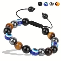 Tiger eye and obsidian triple beaded bracelet with adjustable black braided rope - Single Layer Braided Bracelet / 10mm / Yellow Tiger Eye + Evil Eye