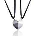 Magnetic heart pendant necklace set for couples with geometric steel space design - Model B Heart Necklace Black White with Black Rope (NST-0310)