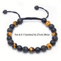 Adjustable beaded bracelet with yellow tiger eye and lava stones on black cord - Single Layer Braided Bracelet / 8mm / Yellow Tiger Eye + Lava Rock