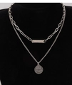 Silver layered butterfly circle necklace with rectangular tag and double coin pendants - Portrait Tag Layered Necklace (NST-0164)