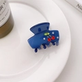 Dark blue acetate hair claw clip with crystal cherry patterns on a ceramic tray - 3.5cm / Sapphire Blue