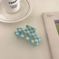 Blue and white checkerboard acetate rectangle hair claw clip on a minimalist desk - Milky Blue 10.5cm
