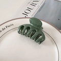 Glänzende olivgrüne Haarklammer auf weißem Porzellanteller im modernen Lifestyle-Design - Dunkelgrün