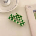 Green and white checkered acetate hair claw clip with rectangular geometric design - Light Green 10.5cm