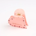 Detail showing pink acetate heart hair claw clip with rhinestones and gold spring - 6cm / Pink (A3-3-18)