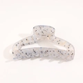 Translucent blue-gray acetate hair claw clip with black speckles and gold line patterns - Off White