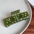 Detail of dark olive green acetate hair claw clip with emerald green rhinestones decoration - Jelly Green / 10.5cm