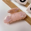 Detailed close-up of pink acetate hair claw with angel motifs and sparkling rhinestones - Pink Angel (A7-22-18)