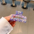 Detail of large acetate hair claw clip featuring purple and blue marble pattern - Purple Medium Marble Rectangle Claw Clip