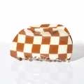 Detail view of brown and white checkered acetate hair claw clip with glossy finish - 7.5cm / Yellow White Checkerboard